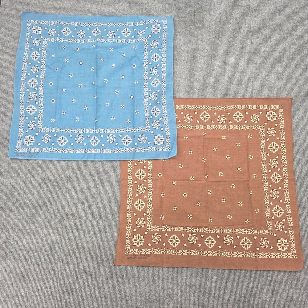 Vintage Bandana Set 2 Blue Brown Geometric Floral RN 14193 Washfast USA Scarf